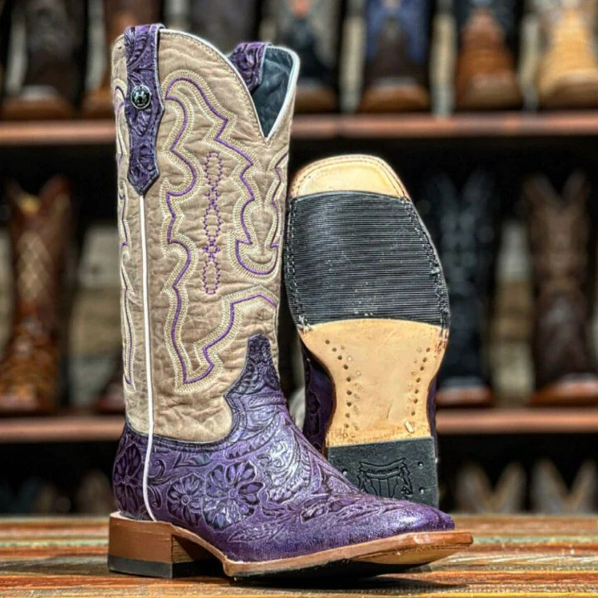 Tanner Mark Boots Boots Tanner Mark Women&#39;s Hand Tooled Square Toe Leather Boots Grape TML207099