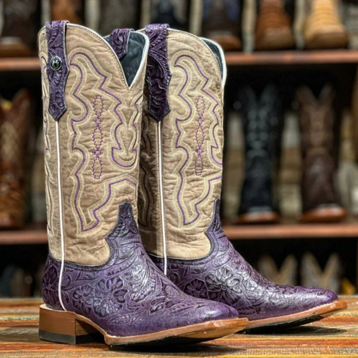 Tanner Mark Boots Boots Tanner Mark Women&#39;s Hand Tooled Square Toe Leather Boots Grape TML207099