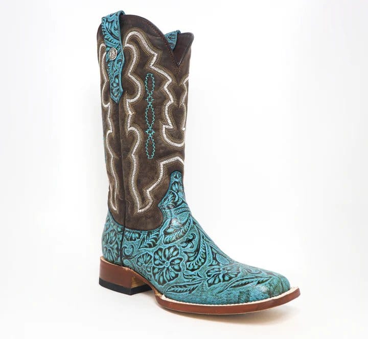 Tanner Mark Boots Boots Tanner Mark Women&#39;s &#39;Misty&quot; Hand Tooled Square Toe Leather Boots Turquoise TML207067