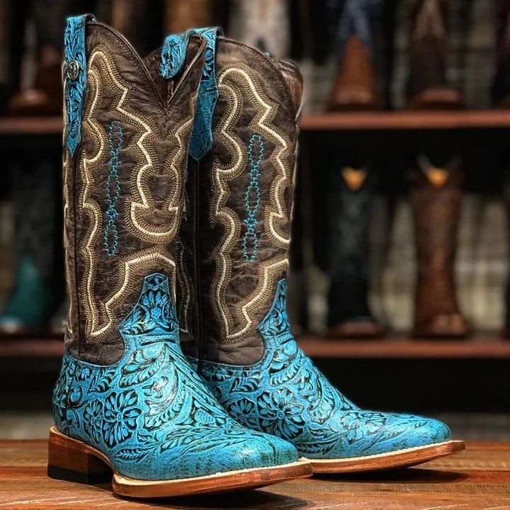 Tanner Mark Boots Boots Tanner Mark Women&#39;s &#39;Misty&quot; Hand Tooled Square Toe Leather Boots Turquoise TML207067