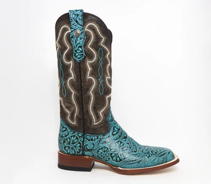 Tanner Mark Boots Boots Tanner Mark Women&#39;s &#39;Misty&quot; Hand Tooled Square Toe Leather Boots Turquoise TML207067