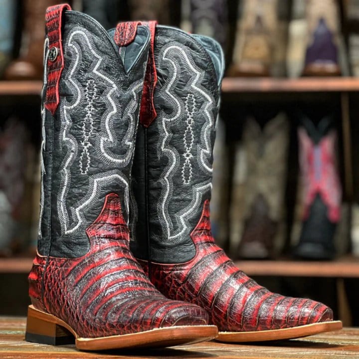 Tanner Mark Boots Boots Tanner Mark Women&#39;s &#39;Scarlet&#39; Print Caiman Belly Square Toe Boots Burgundy TML207069