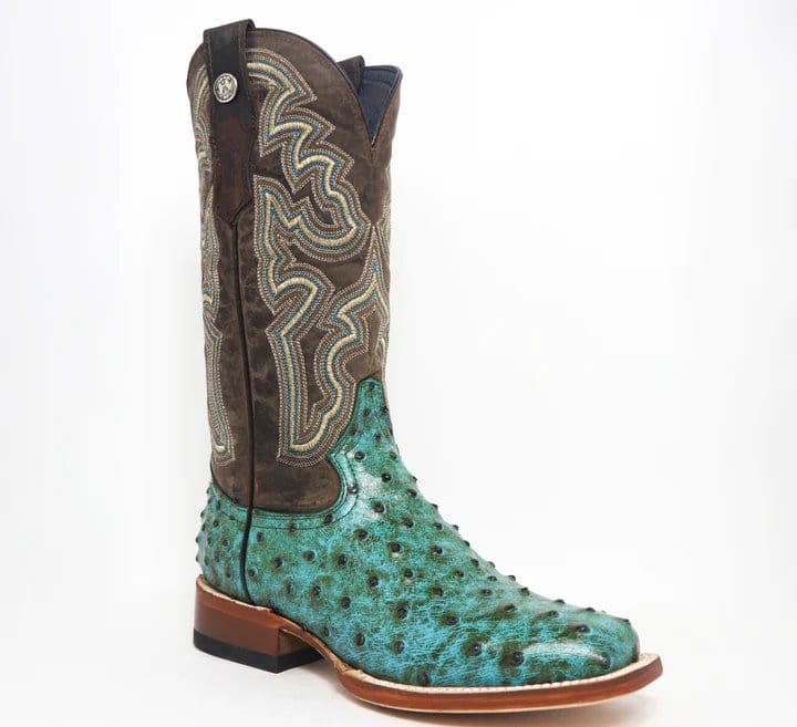 Tanner Mark Boots Boots Tanner Mark Women&#39;s &#39;Sweetwater&#39; Ostrich Print Square Toe Boots Turquoise TML207060