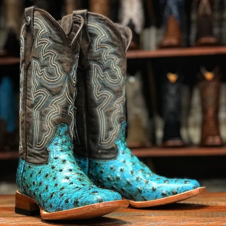 Tanner Mark Boots Boots Tanner Mark Women&#39;s &#39;Sweetwater&#39; Ostrich Print Square Toe Boots Turquoise TML207060