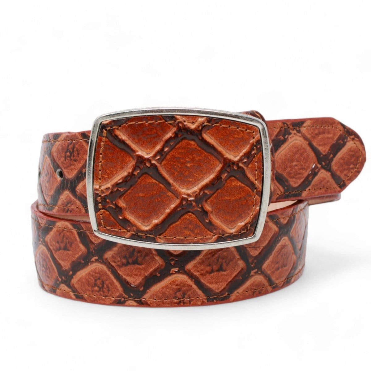 White Diamonds Boots Belts 32 / Cognac Original Pirarucu Print Leather Belt with Metal Buckle